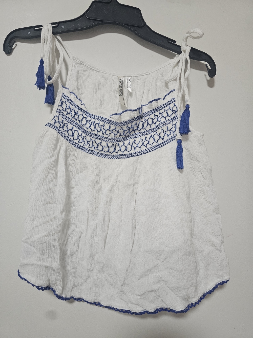 Razzle Dazzle White & Blue Embroidered Tassel Tank Top - Size Medium